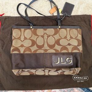 EUC! Vintage Coach Brown and Tan Signature Tote with JLG initials